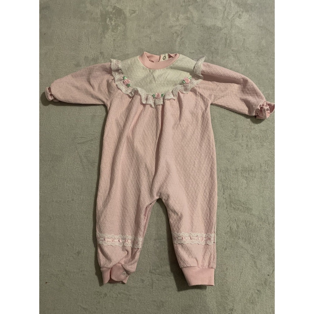 Vintage Girls Healthtex Pink Roses and Lace Long Sleeve Romper Size 12 M‎ USA
